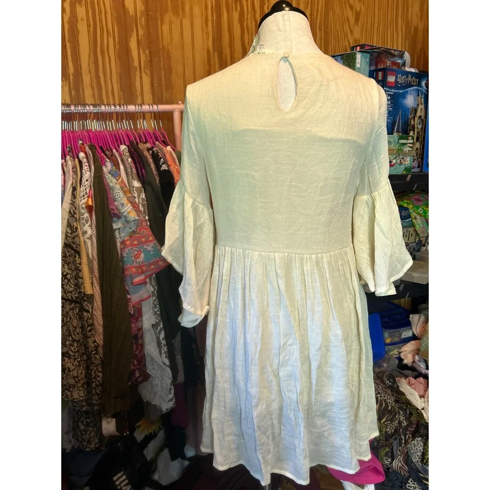 Umgee Boho Floral Embroidered‎ Bell Sleeve Mini Dress Cream Ivory Babydoll Sz S